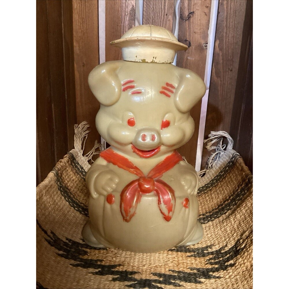 Sailor Pig Bank Plastic Red Tie White Removable Hat 8" Tall Collectible